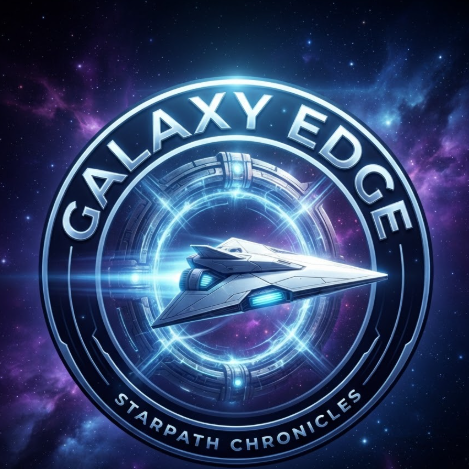 A 1:1 tech-style gaming logo featuring a sleek, triangular spacecraft. The ship is white and silver with blue engine thrusters glowing at the back. It is breaking through a circular star-gate portal. Around the ship, the text "GALAXY EDGE" is curved in a clean, futuristic font with a chrome effect. The background is a cosmic starfield with purple and blue nebula textures.