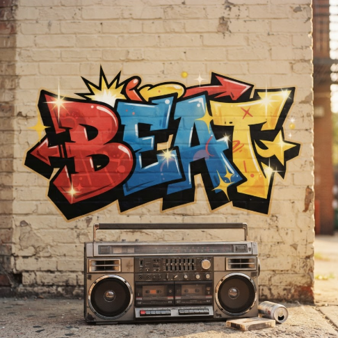 A 1:1 nostalgic scene featuring a retro boombox on a sidewalk. On the wall behind the boombox, a bright, old-school graffiti logo "BEAT" is painted in primary colors—red, blue, and yellow. The style is reminiscent of 1990s hip-hop culture, with thick black outlines and star-shaped sparkles. The lighting is warm like a summer afternoon.