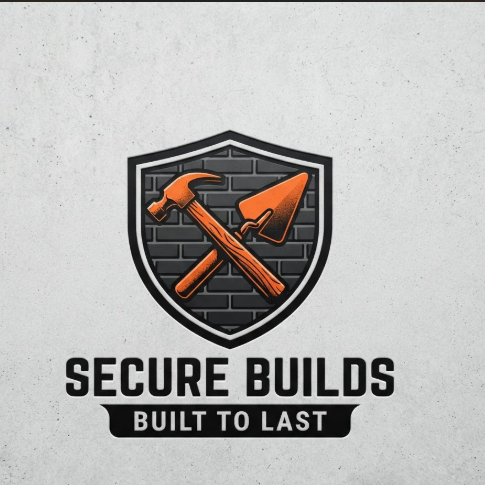 A 1:1 sturdy construction logo featuring a shield-shaped icon. Inside the shield is a hammer crossed with a trowel over a brick background. The colors are safety orange and black. The text reads "SECURE BUILDS". Below the shield, a banner reads "BUILT TO LAST". The background is a light grey concrete texture.