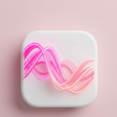 A 1:1 AI voice assistant logo. A dynamic wave pattern made of 3D neon ribbons that look like light trails. Colors transition from bright pink to soft peach. The icon is floating inside a white rounded square on a pastel pink background. Vibrant, energetic, and modern.