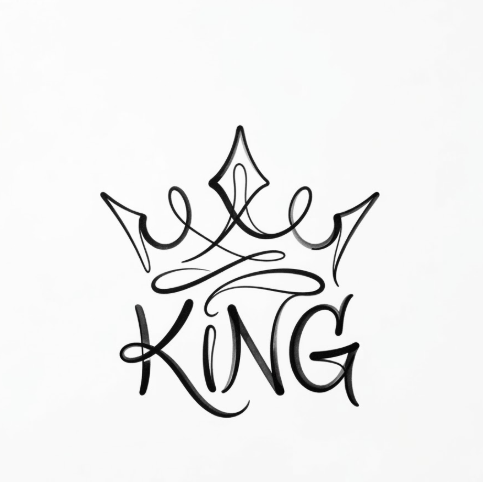 A 1:1 minimalist digital design. A clean white background with a single-line graffiti logo drawn in continuous black ink. The logo forms a stylized crown shape with the word "KING" integrated into the base. The line has varying thickness mimicking a spray nozzle's movement. Elegant, modern, and high-contrast.