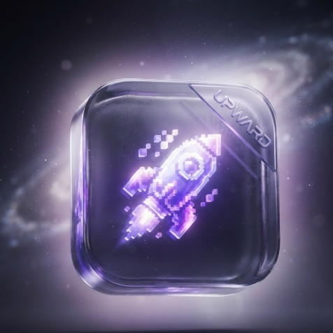 A 1:1 conceptual 3D rendering of a smartphone app icon floating in a void. The icon has a thick, rounded-square shape with a glossy glass-like surface. Inside, a glowing purple and white logo of a "Pixel Rocket" is visible. The lighting is ethereal, creating a soft glow around the icon and reflecting the futuristic "UPWARD" text on the side.