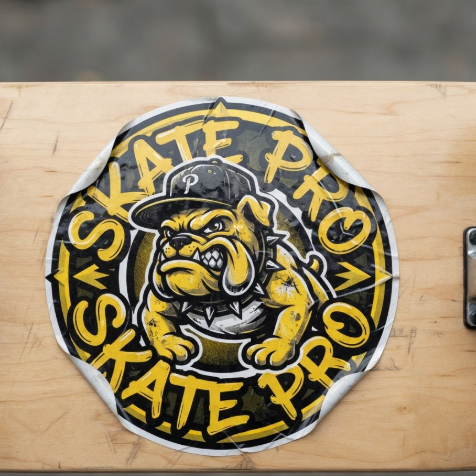 A 1:1 flat lay shot of a professional skateboard deck made of light maple wood. In the center, a bold graffiti-style sticker logo features a stylized bulldog mascot wearing a backwards cap, surrounded by "SKATE PRO" text in fat-cap graffiti font. The colors are high-contrast yellow, black, and white. The sticker has a slight glossy finish with realistic edge peeling.