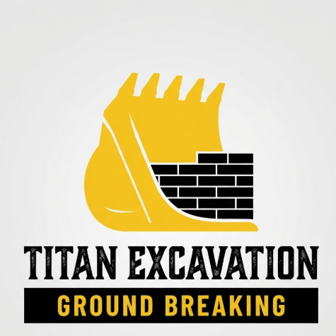 A 1:1 bold construction logo. The graphic shows the silhouette of a massive yellow excavator bucket framing a brick wall structure. The colors are bright yellow and matte black. The central text is a rugged industrial font reading "TITAN EXCAVATION". At the bottom, a black bar displays the yellow text "GROUND BREAKING". The image has a clean, vector-style finish.