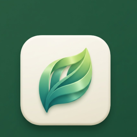 A 1:1 AI app icon focused on the environment. A stylized leaf shape made from fluid ribbons with a satin texture. Gradient of lime green and turquoise. The icon is placed in a light cream rounded square against a solid forest green background. Organic shapes and calming colors.