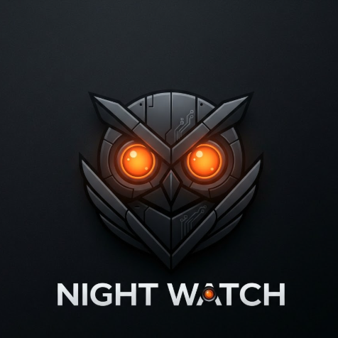 A 1:1 minimalist esports logo of a robotic owl head. The owl has giant, glowing orange night-vision lenses for eyes. Its feathers are depicted as sleek, black matte carbon fiber plates. The owl’s wings are tucked to form a sharp V-shape. Below the head, the text "NIGHT WATCH" is written in a clean, futuristic sans-serif font. The color scheme is monochrome black and white with orange accents.