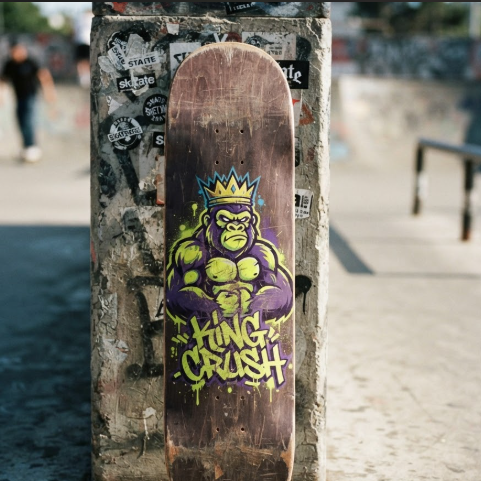 A 1:1 shot of a professional skateboard deck leaning against a concrete wall at a skatepark. The underside of the deck features a bold, vibrant mascot logo of a "Gorilla wearing a Crown" in graffiti style. The colors are lime green and purple, with the text "KING CRUSH" in stylized street-art lettering. Scuffs and scratches on the tail of the board add an authentic, cool vibe.