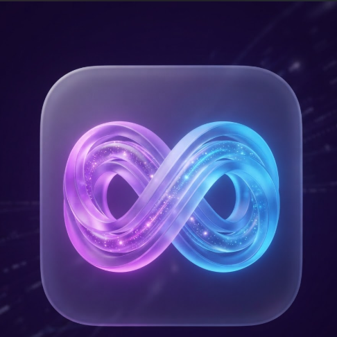 A 1:1 app logo representing generative creativity. An abstract infinity symbol composed of thick, multi-layered 3D glass ribbons. The color palette features a neon purple to electric blue gradient with internal glowing particles. The icon is set within a frosted translucent rounded square on a deep violet background. High-end futuristic aesthetic.