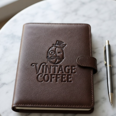A 1:1 high-angle shot of a premium dark-brown leather notebook lying on a marble desk. The logo "VINTAGE COFFEE" is heat-embossed into the leather, featuring a cool mascot of a "Coffee Bean with a Monocle." The embossing is deep and precise, creating a tactile, high-end feel. A sleek metallic pen lies next to the notebook.