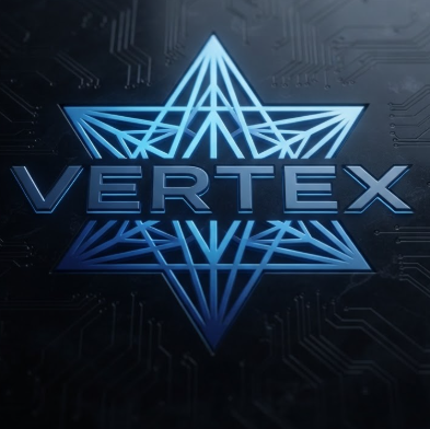 A 1:1 digital rendering of a modern tech logo. The logo name "VERTEX" is integrated into a sharp, geometric hexagram icon made of glowing blue gradient lines. The background is a dark matte obsidian surface. The typography is a futuristic, wide-spaced sans-serif font. Tiny micro-circuit patterns are faintly visible in the background, enhancing the AI technology vibe.