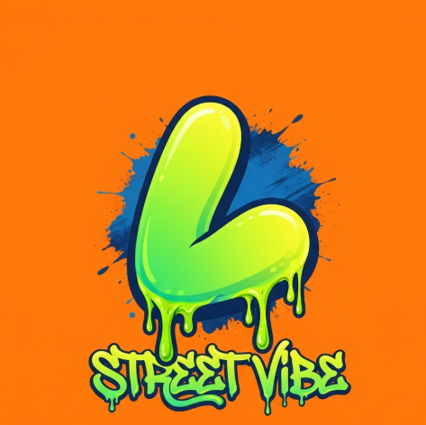 A 1:1 high-resolution vector-style graffiti logo on a solid vibrant orange background. The central icon is a rounded, bubble-style letter 'L' in lime green and lemon yellow gradients, set against a dark navy blue paint splash. Thick, neon green paint drips from the bottom of the letters. Below, the text "STREET VIBE" is written in a matching dripping graffiti font. Studio lighting with sharp edges.