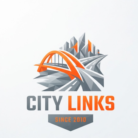 A 1:1 logo depicting a bridge span and a highway road merging into a cityscape. The color palette is vibrant orange and grey. The text "CITY LINKS" is written in a bold, sans-serif font. At the bottom, a grey badge displays "SINCE 2010". The design uses sharp geometric shapes to convey a sense of connectivity and movement.