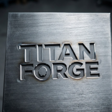 1:1 ratio. A horizontal brushed titanium metal plate. The logo "TITAN FORGE" is precision laser-cut into the surface, exhibiting a sharp silvery-grey metallic sheen. The edges catch the light with bright metallic glints, emphasizing an industrial, heavy-duty aesthetic.