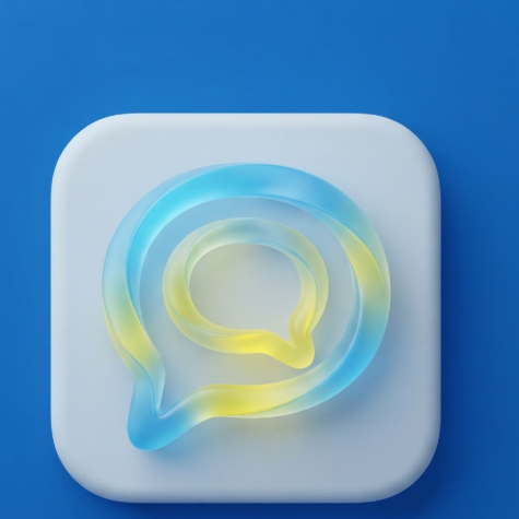 A 1:1 social media app logo. Two interlocking speech bubbles made of translucent 3D ribbons. Colors feature a vibrant gradient of sky blue and lemon yellow. The icon is set in a light grey rounded square on a solid vibrant blue background. Modern, friendly, and soft.