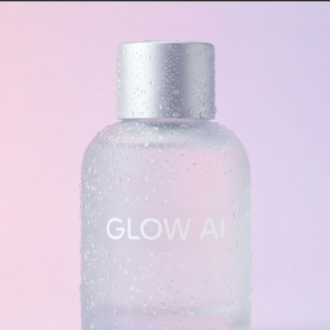 1:1 ratio. A frosted translucent glass skincare bottle. The logo "GLOW AI" is silk-screened in opaque white with a rounded modern font. The background is a soft pink-to-purple gradient, and the bottle is covered in tiny, sparkling condensation droplets for a fresh look.