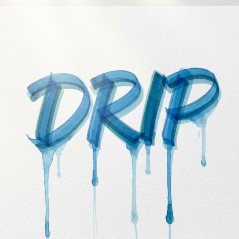 A 1:1 digital illustration mimicking a wet marker sketch. The logo "DRIP" is written in a semi-transparent blue ink that is bleeding into the paper grain. Multiple layers of shades create a 3D effect. Long, translucent blue drips run down from the bottom of the letters. The background is a clean white watercolor paper texture.
