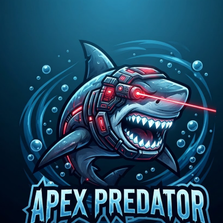 A 1:1 aggressive mascot logo of a great white shark lunging forward. The shark is wearing a mechanical headpiece with a red laser sight on its eye. Its mouth is wide open, revealing rows of glowing white teeth. Bubbles and dark blue water currents surround the mascot. The text "APEX PREDATOR" is written in a jagged, ice-blue font at the bottom. The background is a deep ocean gradient.