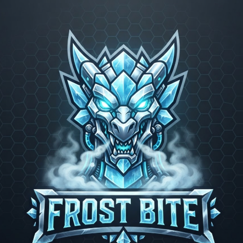 A professional 1:1 esports mascot logo of a mecha frost dragon. The dragon head is centered, facing forward with a fierce expression and glowing cyan eyes. Its scales are made of polished chrome and ice-blue plating. Wisps of cold mist rise from its mechanical jaws. Below the dragon, a metallic banner features the text "FROST BITE" in a sharp, crystalline font. The background is a solid dark grey with a subtle hexagonal grid.