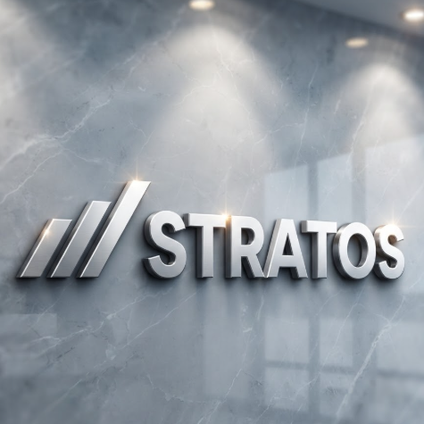 A 1:1 professional corporate logo. The name "STRATOS" in a bold, authoritative sans-serif font. To the left of the name is a minimalist icon of three ascending diagonal bars. The logo is shown as a 3D silver metallic sign mounted on a polished grey marble lobby wall. Sharp spotlights reflect off the metal edges.