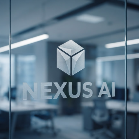 1:1 ratio. A modern office glass partition featuring a translucent etched logo for "NEXUS AI." The font is sharp and futuristic, accompanied by a minimalist 3D cube icon. The background is a blurred, cool-toned professional workspace with soft LED reflections on the glass surface.