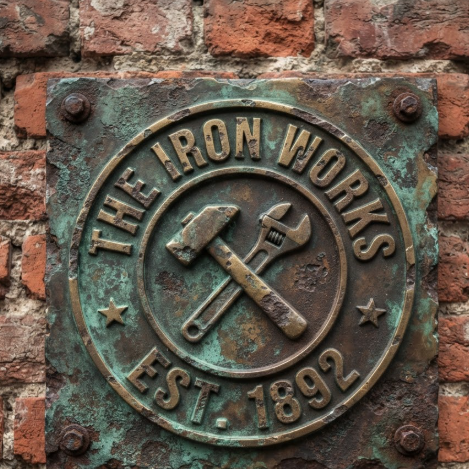 A 1:1 vintage-style logo design. A circular badge logo for "THE IRON WORKS - EST. 1892". The center features a crossed hammer and wrench icon. The typography is a rugged, distressed slab-serif. The logo is rendered as a weathered brass plaque mounted on an old red brick wall. Copper rust and textures give it an authentic antique look.