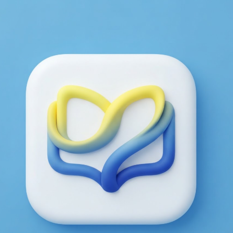 A 1:1 app icon for a smart reading app. An abstract book shape created from two curving, soft-touch 3D ribbons. Gradient colors flow from sunny yellow to cobalt blue. The icon is housed in a clean white rounded square, centered on a sky-blue background. Smooth clay-like texture with elegant curves.
