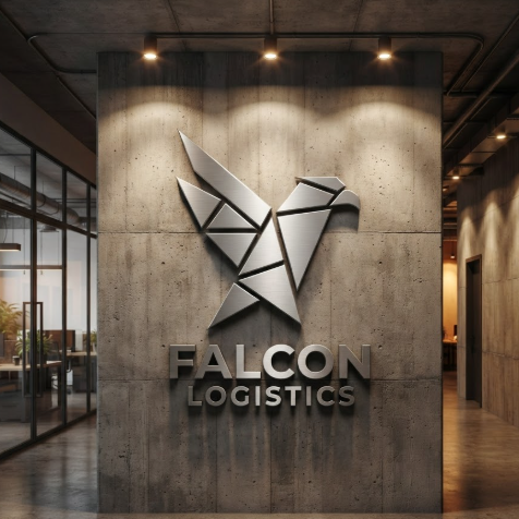 A 1:1 interior shot of a modern industrial office hallway. On a large, raw concrete wall, a 3D brushed-metal logo of a "Modern Falcon" is mounted. The falcon is composed of sharp triangular shapes, and the text "FALCON LOGISTICS" is displayed underneath in a sleek sans-serif font. Warm spotlights from the ceiling create a sophisticated shadow effect against the concrete texture.