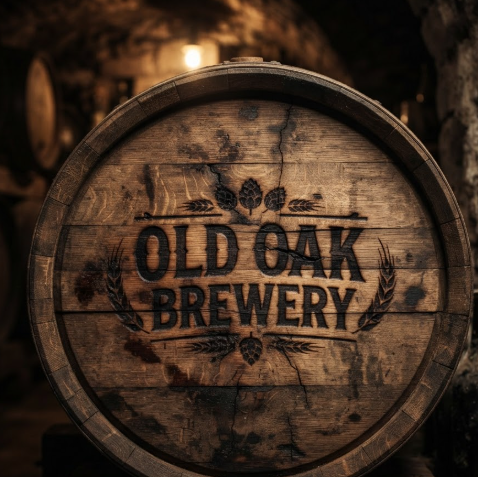 1:1 ratio. The wooden lid of an aged oak barrel. The logo "OLD OAK BREWERY" is heat-branded into the wood, featuring charred edges and deep cracks within the timber grain. The scene evokes a rustic, historical brewery cellar vibe with warm, dim lighting.
