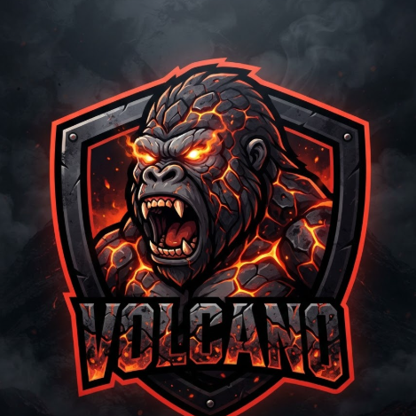A 1:1 powerful mascot logo of a gorilla head. The character is made of cooling volcanic rock with glowing lava flowing through the cracks. Its eyes are solid orange fire. The gorilla is roaring, showing immense power. A heavy black shield with a red outline contains the mascot. The text "VOLCANO" is at the bottom in a bold, rugged font that mimics scorched stone.