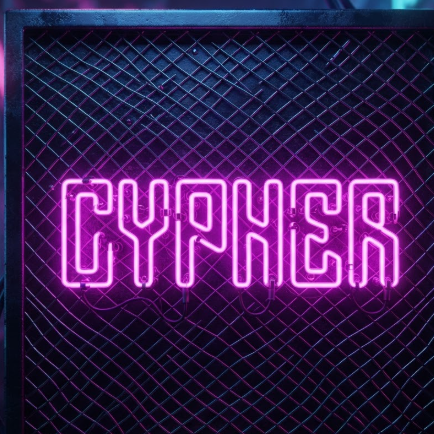 A 1:1 vibrant cyberpunk-inspired logo. The name "CYPHER" in a glowing magenta neon tube style. The logo is mounted on a dark mesh metal grid. Reflections of blue and pink lights hit the surrounding wires. The style is edgy, energetic, and perfect for a gaming or streetwear brand.