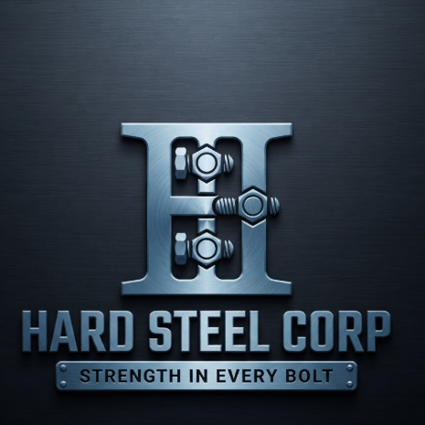 A 1:1 logo focused on structural steel. The icon is a stylized I-beam cross-section forming the letter 'H', integrated with a bolt graphic. The color is a cold metallic steel blue. The text reads "HARD STEEL CORP". At the base, a metallic plate graphic displays "STRENGTH IN EVERY BOLT". The background is a dark brushed metal texture.
