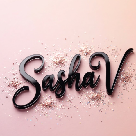 A 1:1 glamorous logo for a beauty brand. The name "Sasha V" in a fluid, confident handwritten signature style. The logo is displayed in high-gloss black acrylic on a soft pink gradient background. Tiny sparkling glitter particles are scattered around the logo, creating a high-fashion, cosmetics-industry aesthetic.