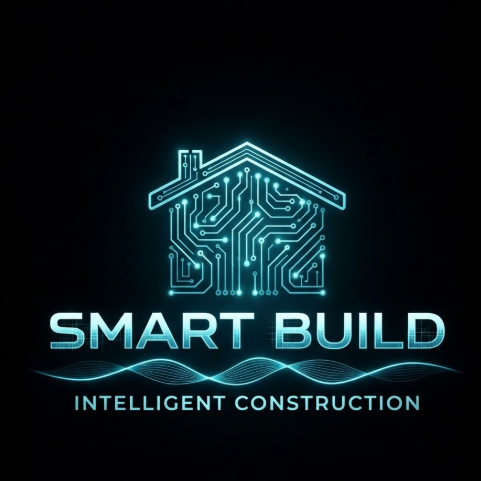 A 1:1 futuristic logo. The icon features a gabled house roof made of glowing cyan circuit board lines on a black background. The text "SMART BUILD" is in a sleek, digital-style font. At the bottom, a glowing data-stream line underscores the secondary text "INTELLIGENT CONSTRUCTION".