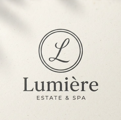 A 1:1 high-resolution branding mockup. A minimalist logo featuring a delicate, hand-drawn script letter 'L' inside a sketchy double-circle frame. Below the icon, the text "Lumière" is written in an elegant serif font, followed by "ESTATE & SPA" in a smaller, spaced-out sans-serif font. The logo is printed in charcoal grey on premium off-white vellum paper with a subtle grain texture. Soft natural light creates a slight shadow on the edge of the paper.