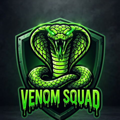 A 1:1 aggressive gaming logo of a king cobra. The snake is coiled and ready to strike, with its hood fully expanded. The scales are neon green with black outlines. Its eyes and fangs glow with a toxic emerald light. The logo is enclosed in a dark green shield. Below the snake, the text "VENOM SQUAD" is displayed in a thick, dripping neon font. The lighting is high-contrast with green highlights.