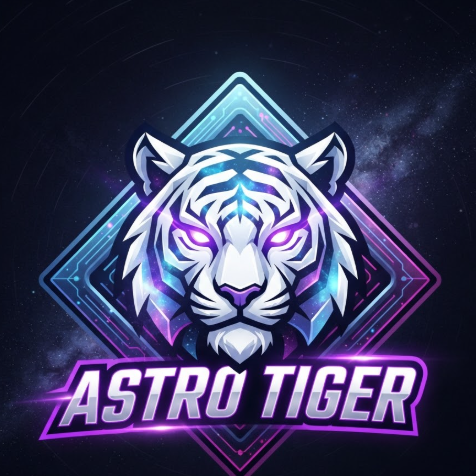 A 1:1 vibrant esports logo of a white tiger head. The tiger is stylized with geometric lines and glowing violet eyes. Its fur is shaded with blue and purple highlights to suggest a cosmic theme. The logo is set against a futuristic diamond-shaped frame. The text "ASTRO TIGER" is written in a slanted, high-speed font with a purple glow. The overall style is clean and modern.