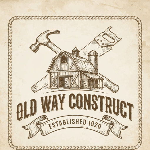 A 1:1 vintage-style construction logo. The graphic features a hand-drawn look of a vintage hammer and a hand-saw crossed behind an old-fashioned barn. The color is a single sepia tone on aged parchment paper. The text "OLD WAY CONSTRUCT" is written in a classic Western font. At the bottom, a curved banner says "ESTABLISHED 1920".