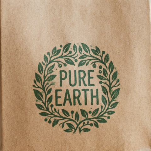 1:1 ratio. The side of a brown natural kraft paper bag. The logo "PURE EARTH" is printed with eco-friendly soy ink in a deep green, featuring a leaf motif encircling the text. The ink shows a slight organic bleeding into the paper fibers for a raw, natural texture.