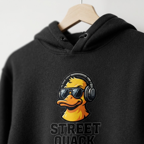 A 1:1 high-detail macro shot of a black heavy-cotton hoodie hanging on a minimalist light-wood hanger. Printed on the center of the chest is a vibrant mascot logo of a "Duck with Sunglasses and Headphones" in bright yellow and orange, matching the reference style. The text beneath the mascot reads "STREET QUACK" in a bold, outlined font. The fabric texture is clearly visible under soft studio lighting.