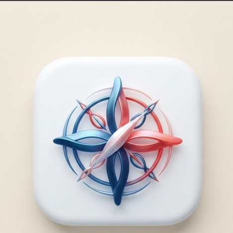 A 1:1 travel AI app logo. An abstract compass rose made of 3D ribbons with a pearl finish. Colors are ocean blue and sunset red. The logo is placed in a white rounded square on a bright sand-colored background. Sophisticated curves and smooth lighting.