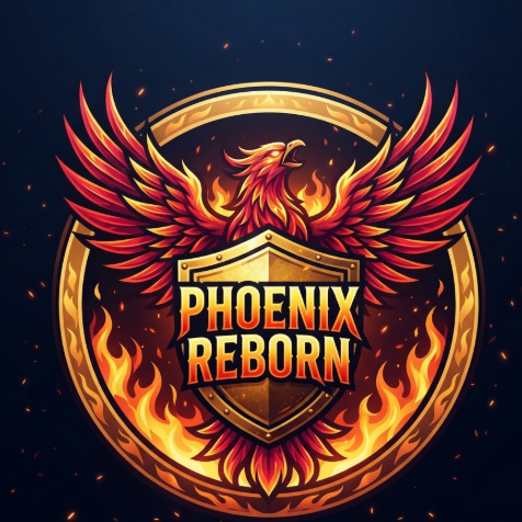 A 1:1 circular badge-style gaming logo of a stylised phoenix rising from a circular flame. The phoenix features vibrant ruby-red and fiery orange feathers. Its wings form a perfect outer ring around a golden central shield. In the middle of the shield, the text "PHOENIX REBORN" is printed in an aggressive, flaming font with a yellow gradient. Small embers are scattered across the dark navy background.