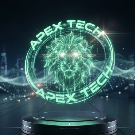A 1:1 artistic rendering of a 3D holographic logo floating above a sleek black metallic base. The logo is a futuristic "Cyber Lion" head made of light rays and digital particles, glowing in neon green. The text "APEX TECH" floats in a 3D circle around the lion. The background is a dark, tech-oriented space with soft bokeh light dots.