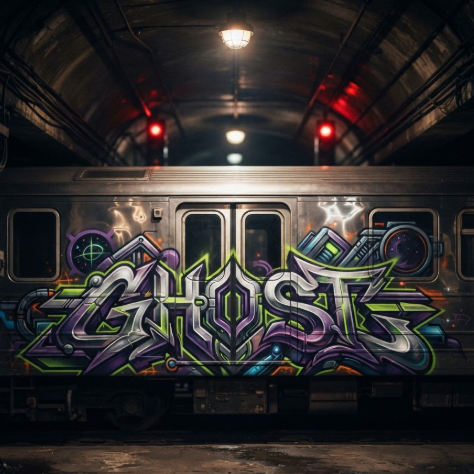 A cinematic 1:1 shot of a silver metal subway car inside a dark tunnel. A massive, colorful graffiti piece covering the entire side of the train shows a futuristic logo "GHOST". The colors are metallic silver, dark purple, and lime green with complex shading and 3D depth. Reflections of tunnel lights glisten on the metal surface of the train.
