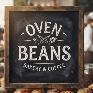 A 1:1 cozy logo for a bakery. The name "OVEN & BEAN" in a friendly, hand-lettered chalk style. The logo is drawn on a dark chalkboard menu standing in front of a blurred background of a warm cafe interior with freshly baked pastries. The chalk texture is dusty and realistic.