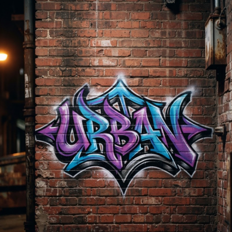 A photorealistic 1:1 shot of a weathered red brick wall in a dim alleyway. A large graffiti logo is spray-painted on the center of the wall. The logo features the word "URBAN" in wildstyle lettering with vibrant purple and cyan colors. Real spray paint textures with overspray particles and drips are visible. Cinematic side lighting from a distant street lamp creates depth.