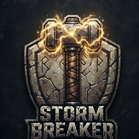 A 1:1 heavy-duty mascot logo of a legendary war hammer. The hammer is positioned vertically, with its head crackling with golden electricity. The handle is wrapped in weathered brown leather. A massive stone-textured shield serves as the backplate. The text "STORM BREAKER" is embossed into the stone at the bottom in a heavy, cracked font. The overall look is gritty and powerful.