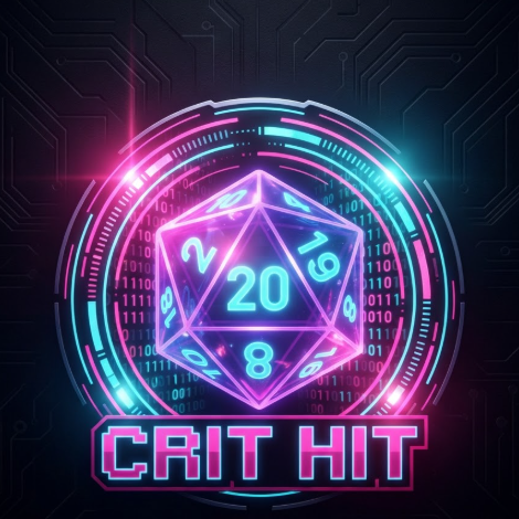 A 1:1 tabletop gaming-themed esports logo featuring a D20 polyhedral die. The die is semi-transparent neon purple with glowing numbers. It is surrounded by circular digital HUD elements and floating binary code. The text "CRIT HIT" is at the bottom in a blocky, 8-bit digital font. The lighting is low-key with strong pink and cyan neon glow, giving it a high-tech RPG vibe.