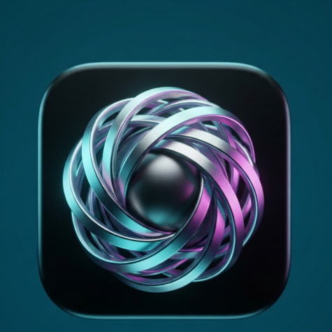 A 1:1 AI app icon featuring a central sphere wrapped in interlaced 3D metallic ribbons. The ribbons display a holographic gradient of silver, teal, and magenta. The design sits inside a sleek black rounded square with a subtle rim light. The background is a solid dark teal color. Minimalist and high-tech.