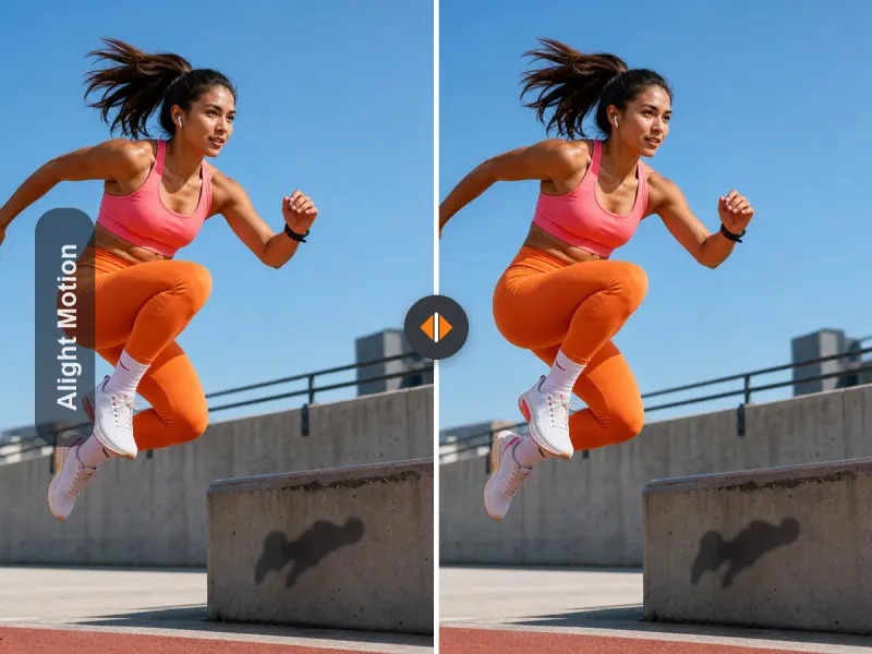 Before and after comparison of a motion-heavy creator video with an Alight Motion watermark removed