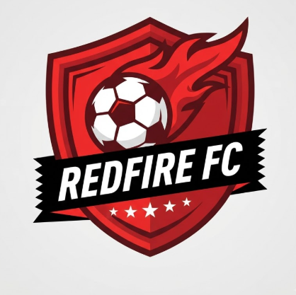 A 1:1 aggressive 2D vector sports logo. A vibrant red shield with dark maroon stripes. A white soccer ball with red flame-like trail patterns is positioned centrally. A black ribbon with sharp jagged ends features the text "REDFIRE FC" in slanted, high-speed white typography. Five small white stars decorate the bottom border. High-impact flat design.